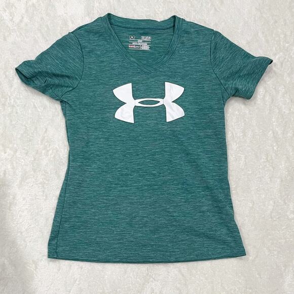 Under Armour Kids Short Sleeve Logo T-Shirt Youth Small/Medium Teal Heather - Picture 2 of 4